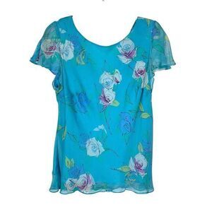 Robbie Bee Blouse Top Womens 16 Blue Silk Floral Scoop Back Slit Flutter Sleeve